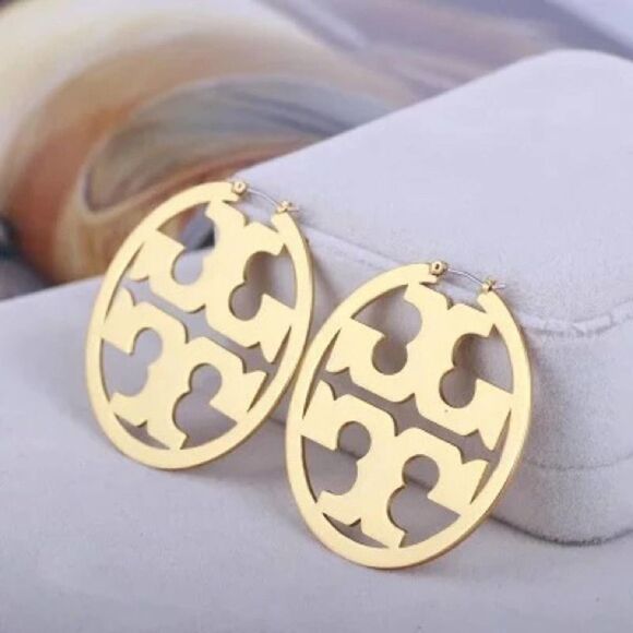 New Tory Burch Gold Miller Logo Hoop Earings - Picture 1 of 5